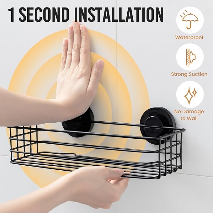 LEVERLOC Shower Caddy Suction Cup, 3 Pack Heavy Duty Bathroom Organizer for Inside Shower with Hooks & Soap Holder, Removable Bathroom Organizer, Rustproof Black Holder Storage Black
