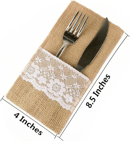 FQTANJU 50 PCS 4"x8" Burlap Lace Utensil Cutlery Holders Pouch Silverware Holder Knifes Forks Bags Burlap Napkin Bag for Rustic Wedding Party Decorations favors