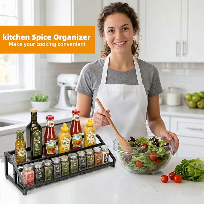2 Tier Expandable Spice Rack Organizer for Kitchen，13.7"-23.6" Expandable Spice Organization Shelf,Metal Pantry Storage Shelves Racks,Space Saving for for Pantry, Counter top (Patent Pending)