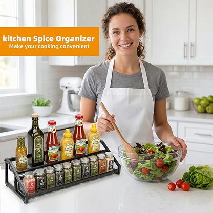2 Tier Expandable Spice Rack Organizer for Kitchen，13.7"-23.6" Expandable Spice Organization Shelf,Metal Pantry Storage Shelves Racks,Space Saving for for Pantry, Counter top (Patent Pending)