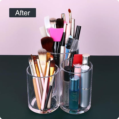 MOSIKER Makeup Brush Holder,Acrylic Clear Round Remote Control Pen Pencil Hair Nail Brush Comb Organizer with 3 Slots