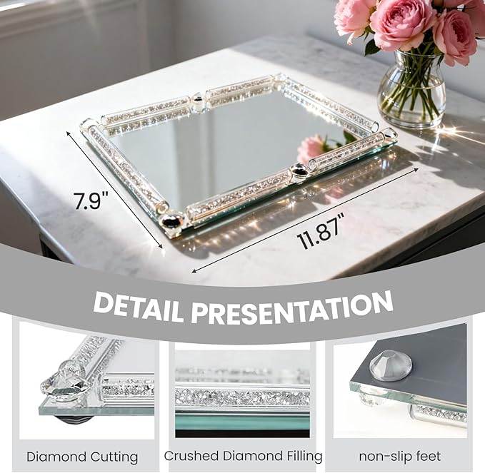 Crystal Glass Tray, 11.8" x 7.9" Crushed Diamond Silver Mirror Perfume Makeup Display Tray, Noble Jewelry Trinket Vanity Trays, Ornate Rectangular Cosmetics Dresser Decoration for Home Decor