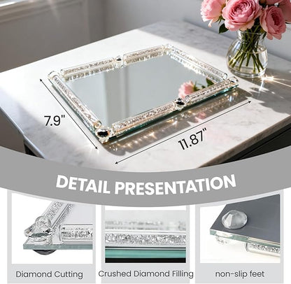 Crystal Glass Tray, 11.8" x 7.9" Crushed Diamond Silver Mirror Perfume Makeup Display Tray, Noble Jewelry Trinket Vanity Trays, Ornate Rectangular Cosmetics Dresser Decoration for Home Decor
