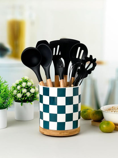 LoeJan 3 Compartment Utensil Holder, Extra Large Utensil Crock, Stable Ceramic Utensil Organizer, Cooking Tool Organizer Set for Kitchen Counter Farmhouse Decor (J-Deep Green(Square))
