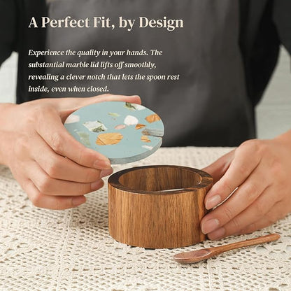 Wooden Salt Cellar with Marble Lid,Salt Container Box Bowl for Countertop,Elegant Salt Holder Jar Dish with Spoon,Kitchen Seasoning Containers for Salt Pepper Sugar Spice Storage,6OZ