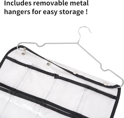 Closet Hanging Organizer, Dual Sided Hanging Wardrobe Storage Bags, 42 Clear Pockets Storage Hanger for Jewelry Socks Underwear (White)