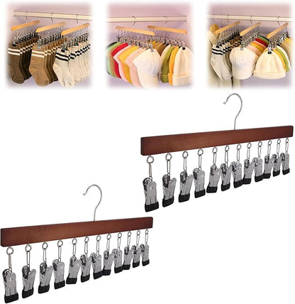 Closet Organizer with 12 Clips, 2026 New Space Saving Hanging Closet Organizer, Hat Scarf Clothespins for Legging Jeans Skirts Socks Pant Hangers (Vintage-12 Clips, 2 Pcs)