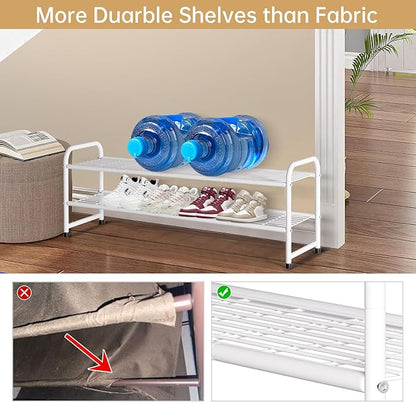 KEETDY 2-Tier Long Shoe Rack for Closet Metal Shoe Organizer for Entryway, Wide Stackable Shoe Storage Shelf with Sturdy Wire Grid for Closet Floor, Bedroom, White