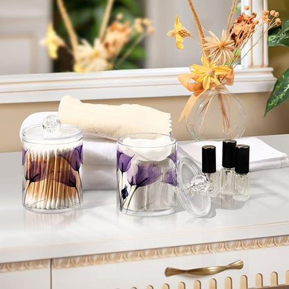 4 Pack Qtip Holder Dispenser Purple Tulip Lily Flower Cotton Ball Swab Round Pads Floss Clear Bathroom Storage Containers Plastic Apothecary Jars with Lids