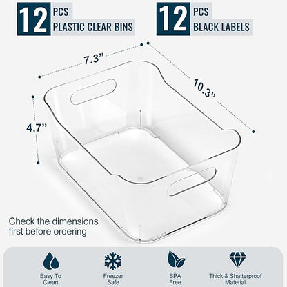 12 PACK Multi-Use Clear Plastic Storage Bins for Organizing w/Labels - Home, Kitchen, Pantry, Bathroom, Office, Cabinet Shelf Organizer Bins - SOHO Collection, RV, Fridge Organization Containers - L