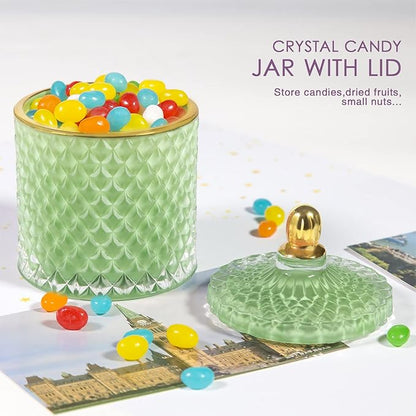 ALAMHI Candy Dish with Lid Glass Decorative Box, Vintage Jewelry Box, Small Candy Jar with Lid Crystal Apothecary Decor Box, Birthday Gifts For Friends Female (Green)
