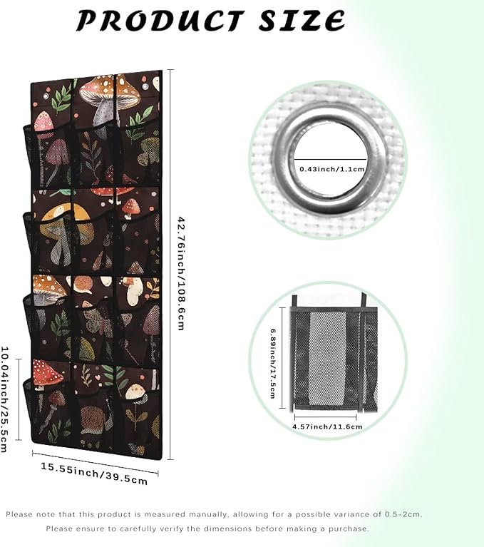12-Pocket Over the Door Organizer,Space-Saving Hanging Rack for Shoes, Toys, Spices - Non-Woven Fabric with PVC Windows,Mushrooms