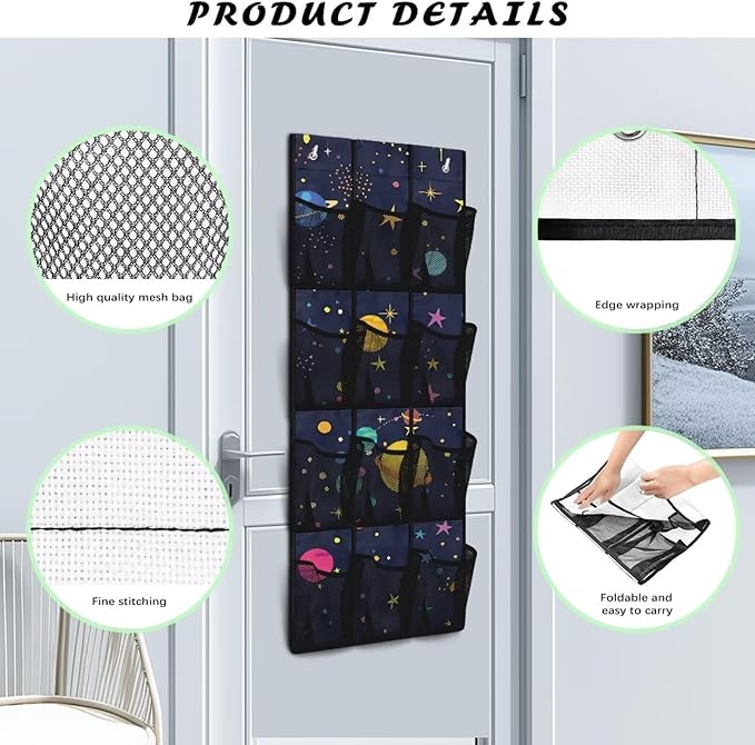 Over the Door Organizer with 12 Mesh Pockets, Storage Hanging Bag Behind the Door for Shoes Toys Cleaning Supplies, Perfect for Bedroom Bathroom or College Dorm, Planet