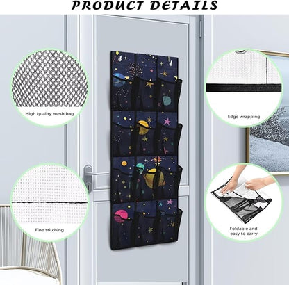 Over the Door Organizer with 12 Mesh Pockets, Storage Hanging Bag Behind the Door for Shoes Toys Cleaning Supplies, Perfect for Bedroom Bathroom or College Dorm, Planet