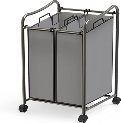 Simple Houseware 2-Bag Heavy Duty Rolling Laundry Sorter Cart, Dark Gray – 2 Section Removable Bags and Lockable Wheels for Laundry Room Organization