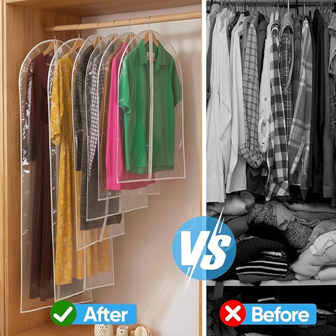 40” All Clear Garment Bags for Travel - PEVA Waterproof Suit Cover with Zipper for Hanging Clothes, Dresses, Coats - Durable Dresser for Closet Storage, Dustproof & Moisture Resistant - 40''/6 Pack