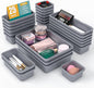 25 PCS Drawer Organizer Set, 4 Size Makeup Drawer Divider Organizer With Non-Slip Pads, Interlocking Plastic Storage Bins for Office,Jewelry Vanity,Gadgets, Bathroom,Kitchen, Grey
