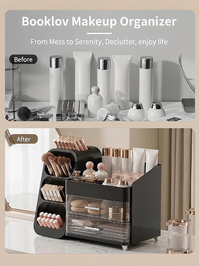 Booklov Makeup Organizer for Vanity, Large Capacity Cosmetic Display Case with Drawers, Countertop Beauty Storage Holder for Skincare, Brush Eyeliner Perfume Eyeshadow Lipsticks, Counter Desk, Black