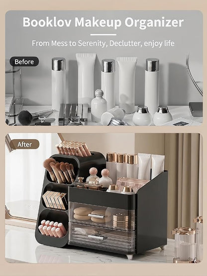 Booklov Makeup Organizer for Vanity, Large Capacity Cosmetic Display Case with Drawers, Countertop Beauty Storage Holder for Skincare, Brush Eyeliner Perfume Eyeshadow Lipsticks, Counter Desk, Black