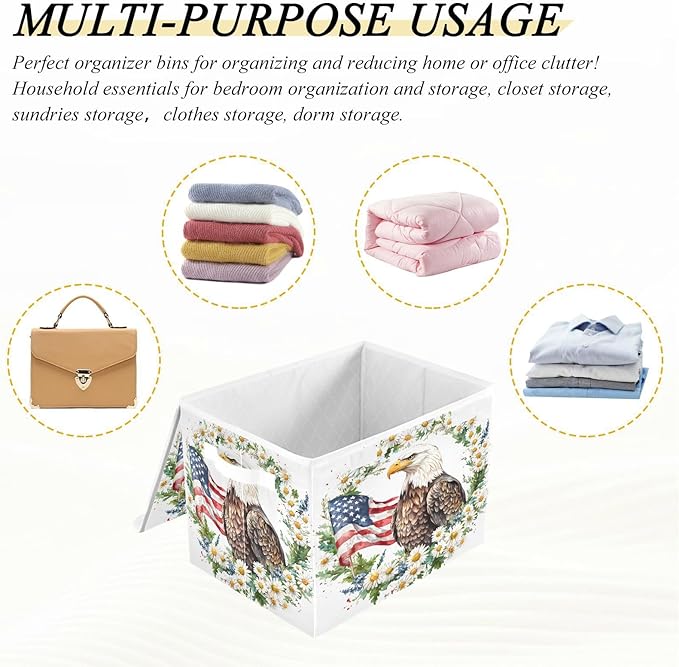 senya July Fourth Baskets Collapsible Storage Bins with Lids, Daisy Flower American Flag Bird Storage Boxes Clothes Baskets for Organizing