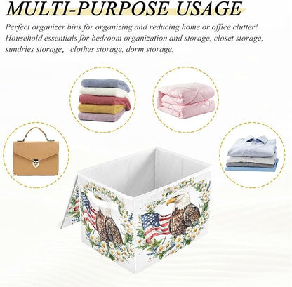 senya July Fourth Baskets Collapsible Storage Bins with Lids, Daisy Flower American Flag Bird Storage Boxes Clothes Baskets for Organizing