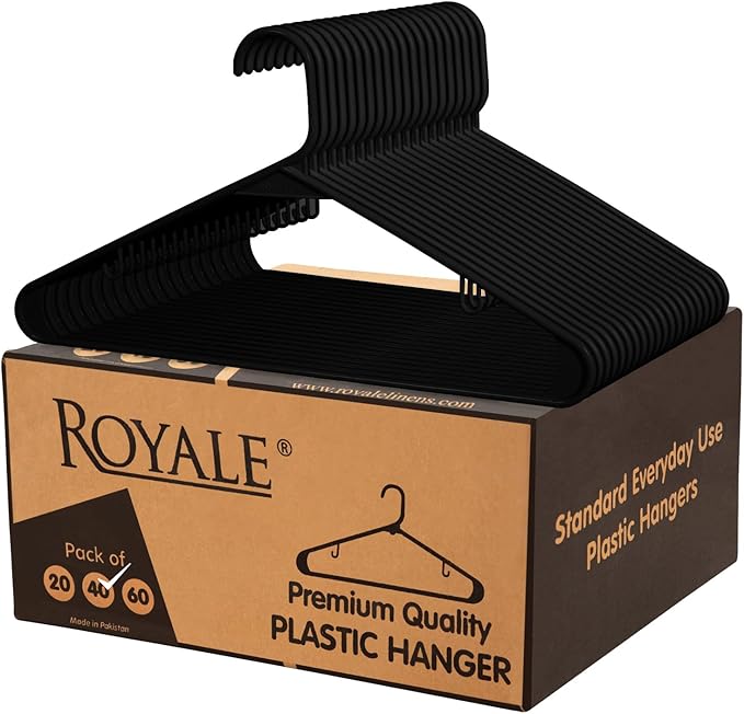 Royale Linens Plastic Hangers 40 Pack - Black Clothes Hanger with Hooks – Heavy Duty Space Saving Coat Hangers Ideal for Everyday Use for Tops, Skirt, Dress, Shirts, Pants