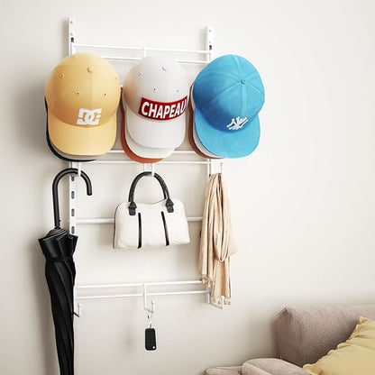 SWTYMIKI Over Door Hat Organizer - 3 Tier Metal Adjustable Wall Mounted Hat Rack with 9 Hooks Design, Hanging Baseball Cap Organizer Storage Holds up to 27 Caps for Door, Bedroom, Closet