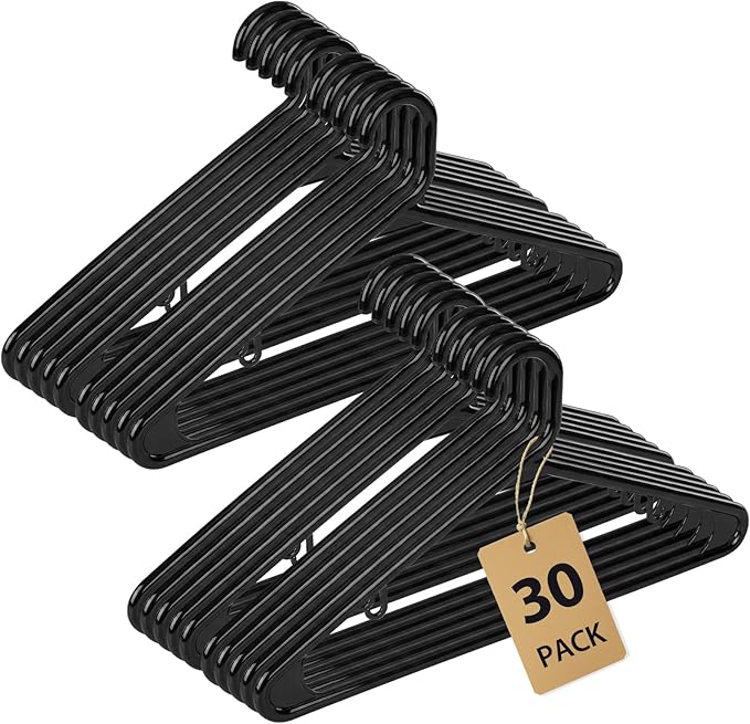 Heavy Duty Plastic Hangers – Super Thick & Reinforced with 20lb Capacity for Coats, Jackets, Pants – Durable Non-Slip Closet Hangers for Heavy Clothing (Black, 30 Pack)