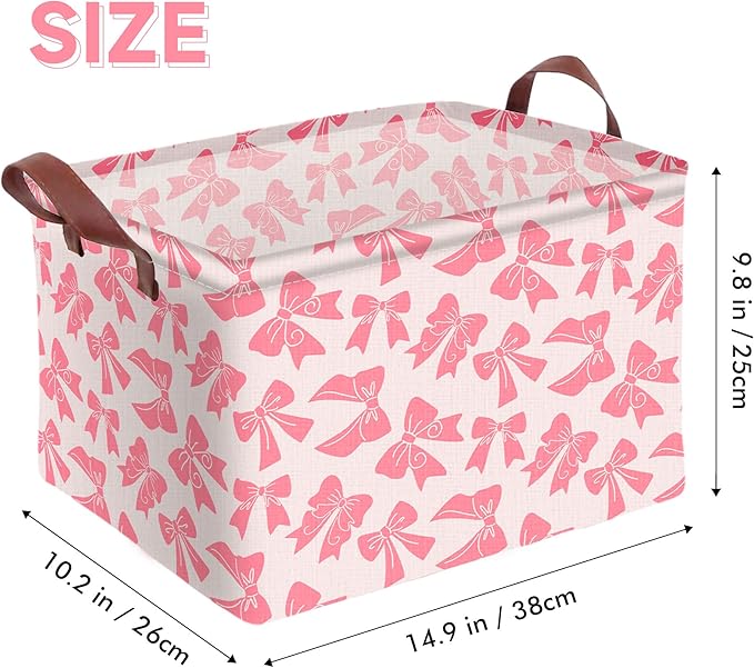 Pink Bow Storage Basket Waterproof Canvas Toy Storage Bin Bow Room Decor Collapsible Outdoor Basket with Leather Handles Coquette Room Decor Blanket Baskets For Closets,Bedrooms,Gifts Baskets