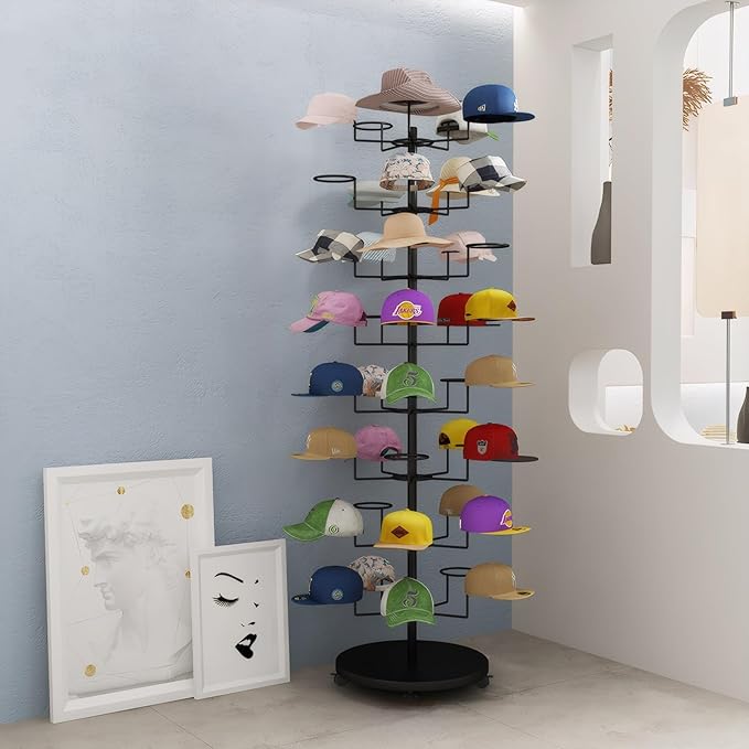8 Tier Hat Rack with 40 Hooks for Hanging Hats or Wigs, Freestanding Hat Rack Stand, Metal Hat Organizer Rack, Rolling Retail Hat Display Rack for Home/Store (Black,8 Tier)
