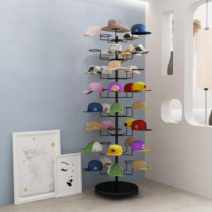 8 Tier Hat Rack with 40 Hooks for Hanging Hats or Wigs, Freestanding Hat Rack Stand, Metal Hat Organizer Rack, Rolling Retail Hat Display Rack for Home/Store (Black,8 Tier)