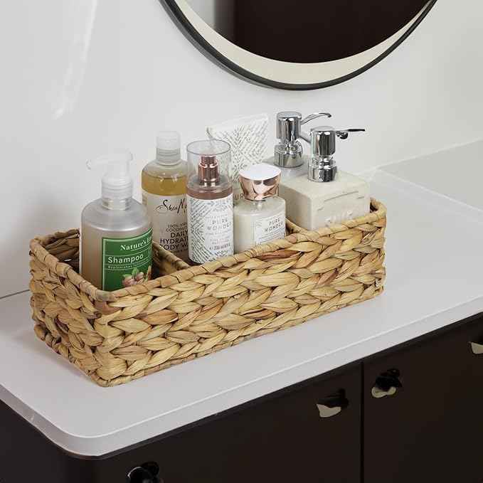 Water Hyacinth Basket for Toilet Paper, Wicker Baskets for Storage Bathroom Counter, Storage Basket With 3 Compartments, Restroom Bathroom Baskets Tray Vanity Organizer (Water Hyacinth)