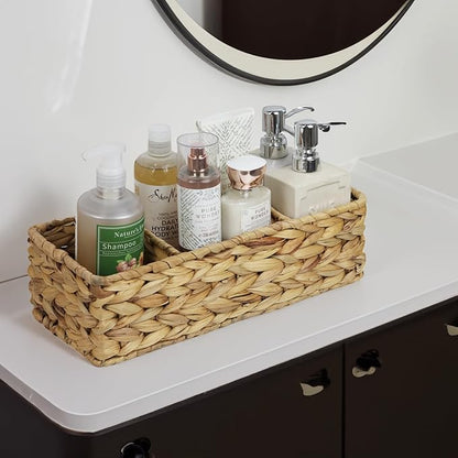 Water Hyacinth Basket for Toilet Paper, Wicker Baskets for Storage Bathroom Counter, Storage Basket With 3 Compartments, Restroom Bathroom Baskets Tray Vanity Organizer (Water Hyacinth)