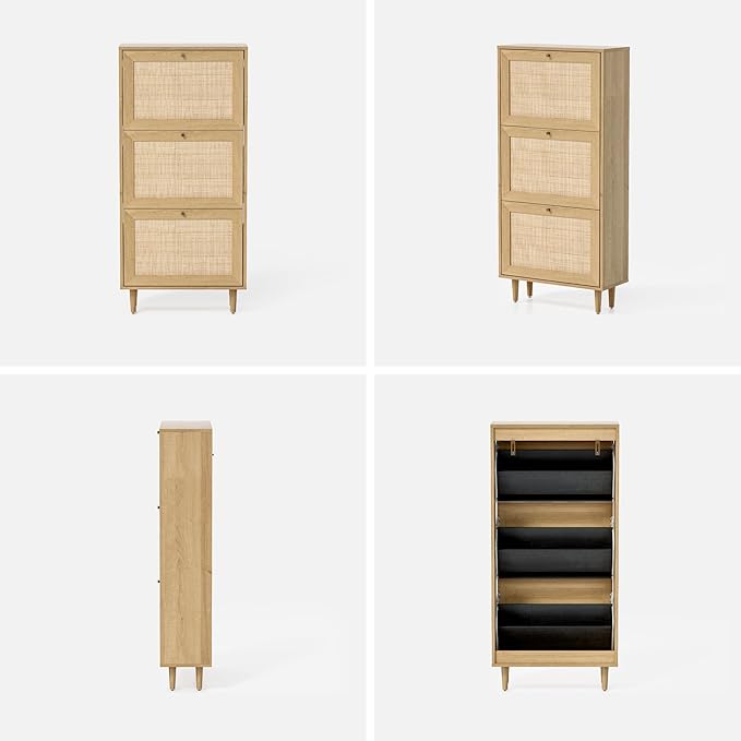 Narrow Shoe Cabinet with 3 Flip Drawers Hidden Freestanding Shoe Rack with Rattan Doors Wooden Shoe Storage Cabinet with Solid Wood Legs for Entryway Slim Hallway Apartment， Natural Oak