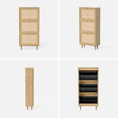 Narrow Shoe Cabinet with 3 Flip Drawers Set of 2 Hidden Freestanding Shoe Rack with Rattan Doors Wooden Shoe Storage Cabinet with Wood Legs for Entryway Slim Hallway Apartment, Natural Oak