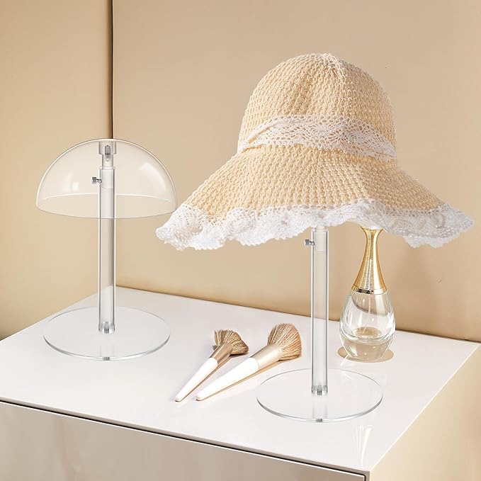 JUESHA 2 Pack Clear Acrylic Hat Display Stand Height Adjustable, Countertop Hat Holder for Baseball Caps Cowboy, Wig Head Counter Stand for Closet (PATENT PENDING)