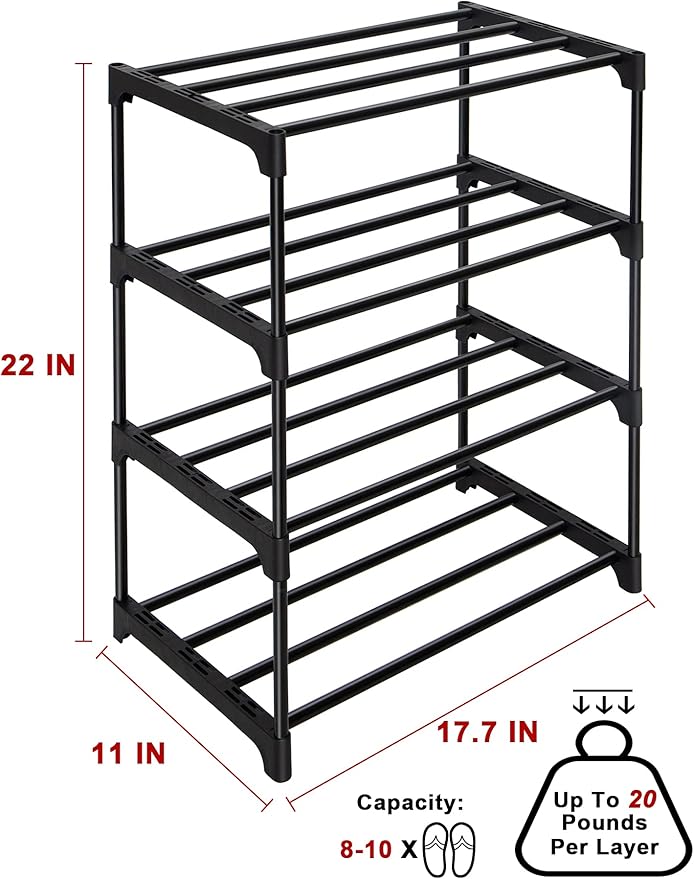 LNYZQUS Upgrade 4-Tier Small Shoe Rack, Metal Stackable Kids Shoe Shelf Storage Shoe Stand Organizer for Closet Entryway Hallway,Zapateras Organizer for Shoes(Black)