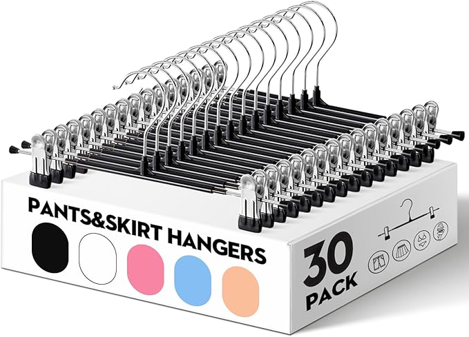 HUADYMEET 30 Pack 12Inch Pants Hangers with Clips,Metal Trouser Hanger for Jeans.Space Saving Skirt Hangers Heavy Duty Non-Slip Adjustable Clothes Shorts Hanger for Women,Men,Black