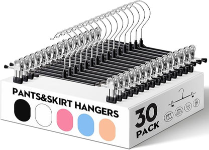 HUADYMEET 30 Pack 12Inch Pants Hangers with Clips,Metal Trouser Hanger for Jeans.Space Saving Skirt Hangers Heavy Duty Non-Slip Adjustable Clothes Shorts Hanger for Women,Men,Black