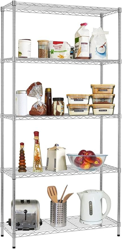 5-Tier Storage Shelves Adjustable Metal Shelf 1200Lbs Capacity NSF Wire Rack Shelving with Adjustable Feet Shelf Unit for Kitchen Garage Basement, 72" H x 36" W x 14" D, Chrome