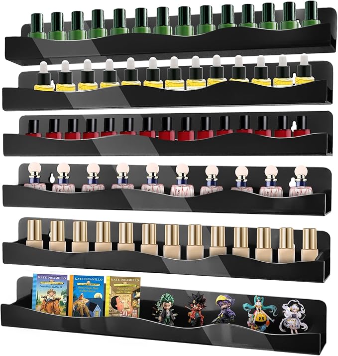 Nail Polish Wall Rack, 6-Shelf 15-Inch Black Acrylic Nail Polish Shelves with Removable Ends – Multi-Purpose Shelf for Essential Oils, Cosmetics Storage and Display for Salons and Bathrooms