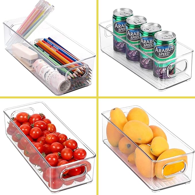 Set of 4 Refrigerator Pantry Organizer Bins - Stackable Fridge Organizers with Handles for Pantry, Freezer, Kitchen, Countertops, Cabinets - Clear Plastic Food Storage Bins