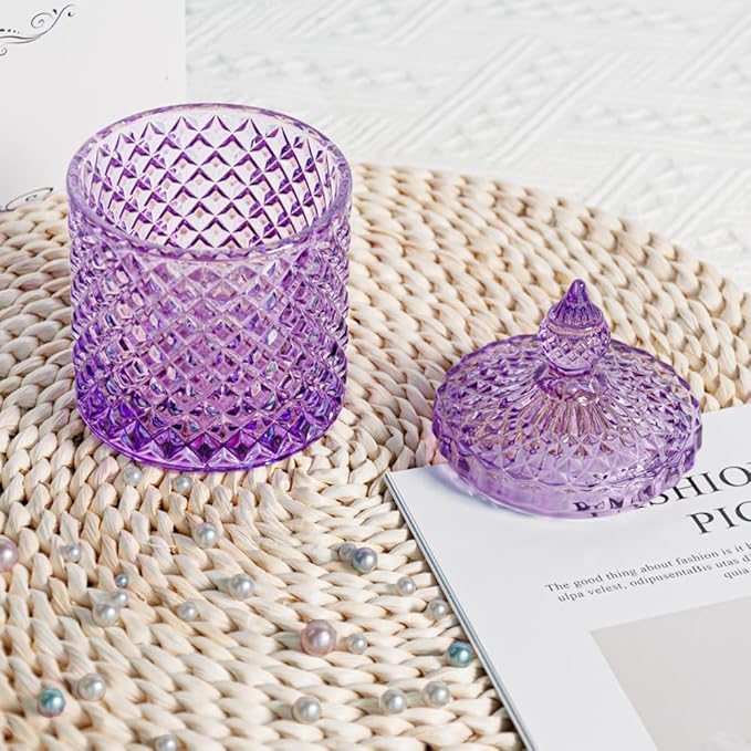 R FLORY 2 Pack Qtip Holder Glass Apothecary Jars with Lids Bathroom Storage Organizer for Cotton Swabs, Balls, Pads, Floss Picks, Vanity Storage Containers for Makeup, Candy, Jewelry (10+24oz, Purple)