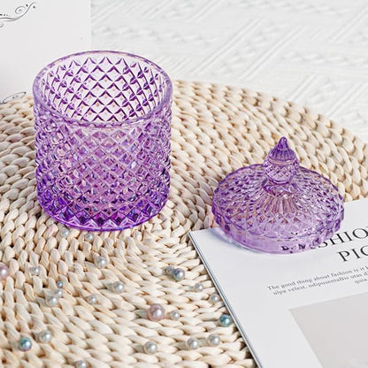 R FLORY 2 Pack Qtip Holder Glass Apothecary Jars with Lids Bathroom Storage Organizer for Cotton Swabs, Balls, Pads, Floss Picks, Vanity Storage Containers for Makeup, Candy, Jewelry (10+24oz, Purple)