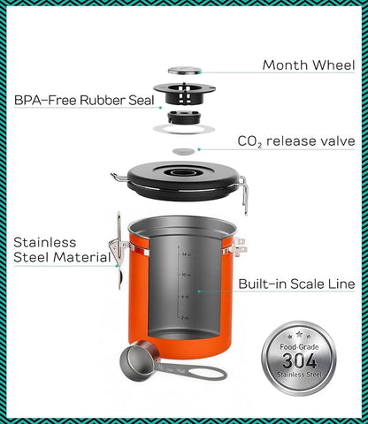 Coffee Gator Coffee Canister, 16oz Airtight Stainless Steel Kitchen Food Storage Container with Date Tracker, Scoop for Sugar,Grounds Coffee, Beans,Tea, Sugar, Cereal, Flour, Cookies Jars - Orange