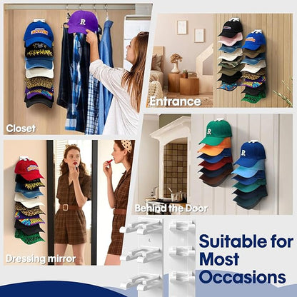 Hat Organizer for Baseball Caps Wall, 2 Pack Hat Holder for Closet Door Hold up to 16 Hats,Hat Hook with Adhesive and 8 Screws, Hat Hanger Cap Holder Hat Hangers for Wall Closet Door Bedroom(A-White)