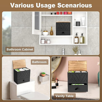 Tampon Holder for Bathroom, Feminine Product Organizer with Lid and Drawer, Wooden Shark Week Pad Storage, Tampon Organizer for Toilet Tank Countertop Decor, Girl Stuff Box Toilet Bathroom Accessories
