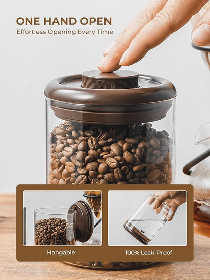 Glass Coffee Bean Jar – Pop Top Air Tight Coffee Bean Container with CO2 Valve, 10 oz Coffee Storage Airtight Canister, 0.63lb