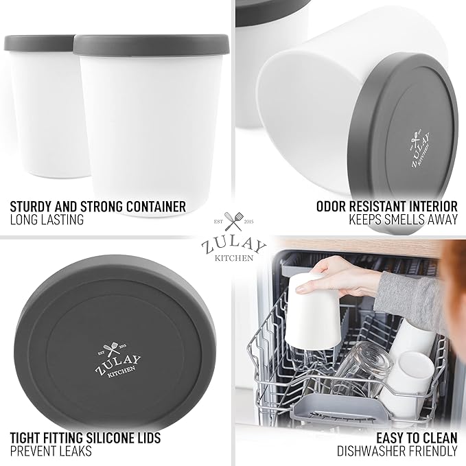 Zulay [2 Pack - 1 Quart Each] Large Ice Cream Containers For Homemade Ice Cream - Reusable Ice Cream Container Set with Lids - Ice Cream Pint Containers For Sorbet, Gelato, Frozen Yogurt (Gray)