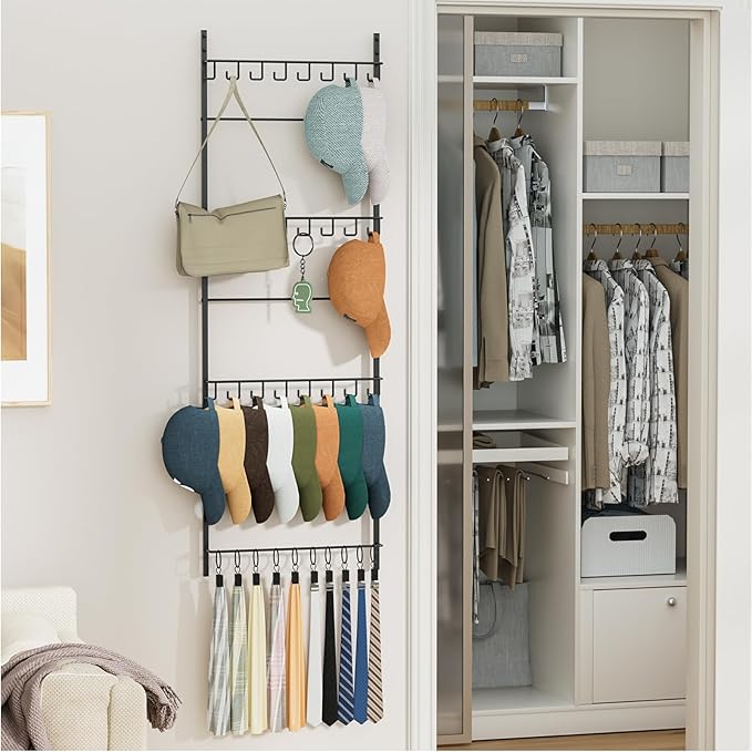 HapiRm Over the Door Hat Organizer - 4 Tier Wall Mounted Hat Rack with 24 Hooks and 10 Movable Clips, Hanging Baseball Cap Organizer Storage Holds to 34 Caps for Door, Bedroom, Closet